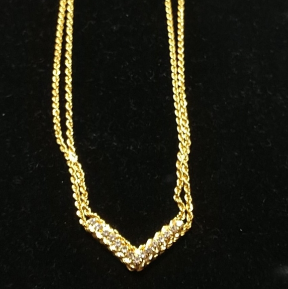 24K Gold-tone Choker Necklace Double Chain with 15  Rhinestones V Shape 16" - Picture 2 of 9